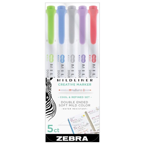 5 pack of double ended highlighters with a soft pink, light green, light grey, light purple, and light blue highlighters.